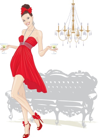 Beautiful girl in red dress walking with glasses of martini and silhouettes of couch and chandelier in the background over whiteのイラスト素材