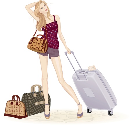 Beautiful young woman standing with suitcase and travel bags over white backgroundのイラスト素材