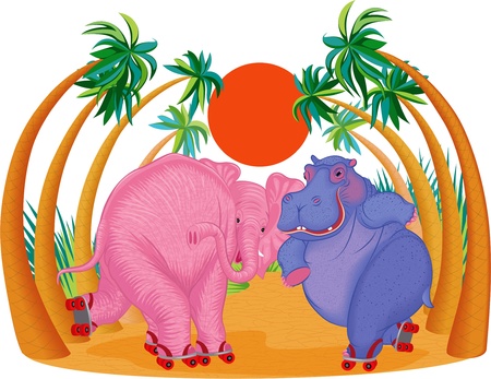 Cute hippo and elephant riding on roller skates  All objects are grouped and separated to layers のイラスト素材