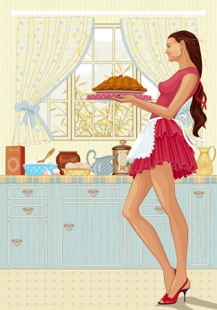 Beautiful young woman holding a tray of freshly baked cake in the kitchenのイラスト素材