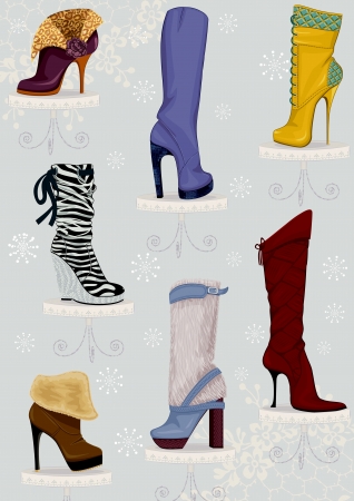 Collection of female boots on high heels standing on pedestals over blue background with snowflakesのイラスト素材