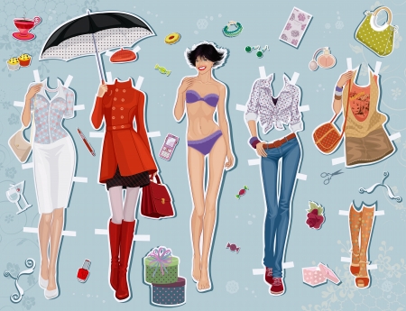 Paper doll of a young beautiful girl and some clothes for herのイラスト素材