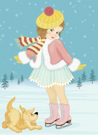 Little girl skating and playing with her dogのイラスト素材