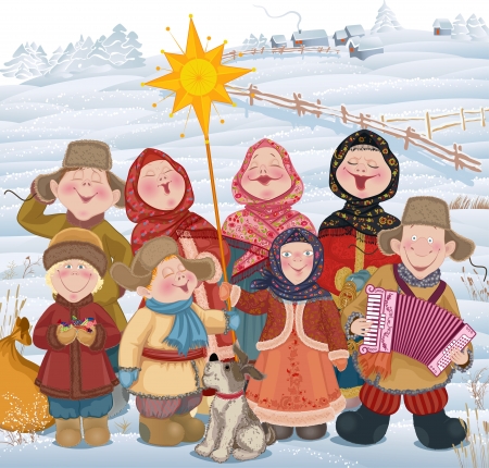 Young people and children in Russian village singing of Christmas carols in Christmastide  のイラスト素材