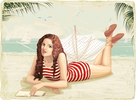 retro card with young woman at a beachのイラスト素材