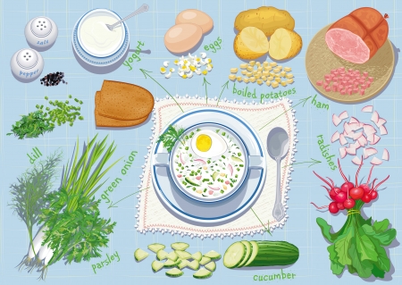 Okroshka - traditional Russian summer cold soup with chopped vegetables, herbs, ham and eggs based on yogurt  and all ingredients needs for cooking it. Each object is isolated.のイラスト素材
