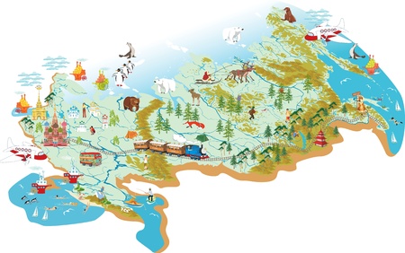 Cartoon map of Russia with a symbol of Moscow - St  Basil s Cathedral, a symbol of St  Petersburg - the Admiralty, with variety of animals living in the area and traveling people as well のイラスト素材
