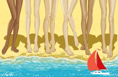 Illustration long legs of six women standing on the beachのイラスト素材
