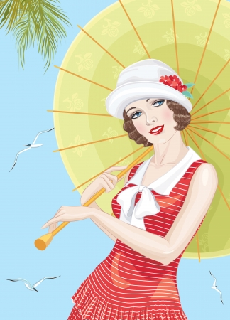 Young beautiful woman dressed in style of the twenties with an umbrellaのイラスト素材