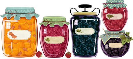 Set of glass jars with jam from berries fruit  isolated over white 
