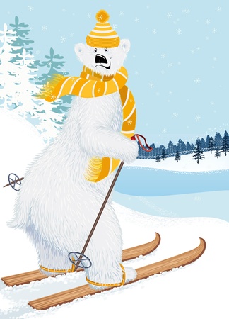 Cute shaggy polar bear skiingのイラスト素材