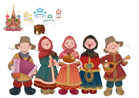 Cartoon people in traditional costume with musical instruments  balalaika and accordion  are welcome guests with a centuries-old Russian tradition - bread and salt のイラスト素材