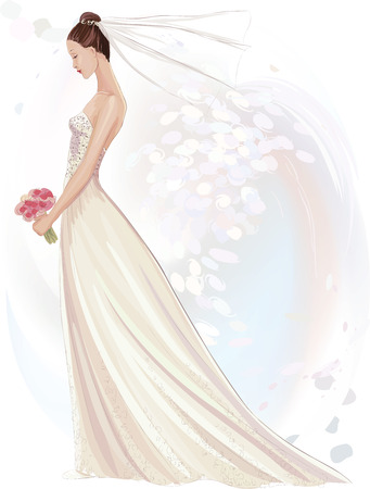 Vector illustration of beautiful girl in wedding dress in watercolor techniqueのイラスト素材