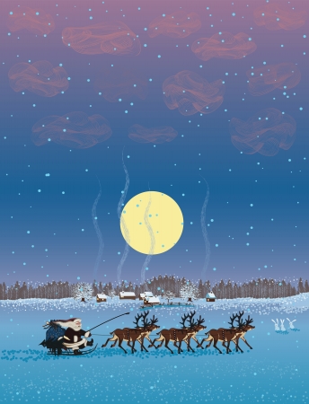 Santa Claus riding on reindeer sleigh through villageのイラスト素材