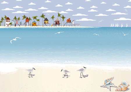 Seascape with beach bungalows on islandのイラスト素材