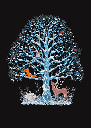 Big blue tree with a flock of bullfinches, a squirrel and an owl on it as well as a reindeer and rabbits near it on the black のイラスト素材
