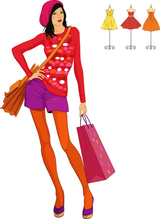 Cute fashion girl dressed in retro style with shopping bag isolated on white backgroundのイラスト素材
