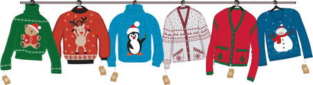 Collection of woven christmas sweaters hanging on shoulders isolated on white backgroundのイラスト素材