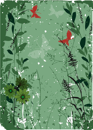 Grungy floral background with red butterfliesのイラスト素材