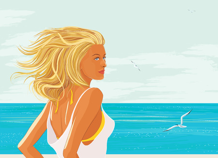 Beautiful blonde with long streaming hair at the seaのイラスト素材