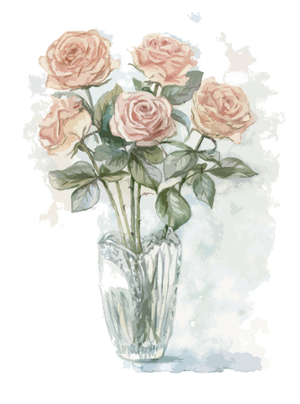 Vectorized watercolor painting with bouquet of cream roses in vaseのイラスト素材