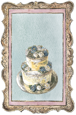 Two-tier wedding cake decorated with cream roses in a frame. Watercolor, ink painting. Collageの写真素材