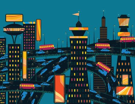 A stream of cars moves along highways of a big city with skyscrapers among advertising lights in the eveningのイラスト素材