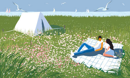 Couple relaxing on a blooming meadow of the lake shore on a summer sunny day. Vectorのイラスト素材