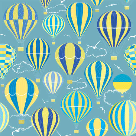Seamless pattern with yellow and blue balloons flying in the skyのイラスト素材