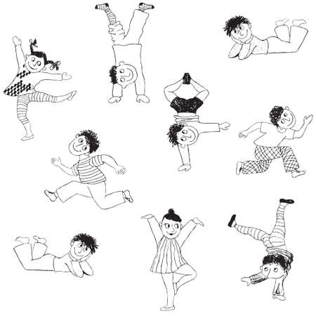 Vector outline group of frolic children on a white backgroundのイラスト素材