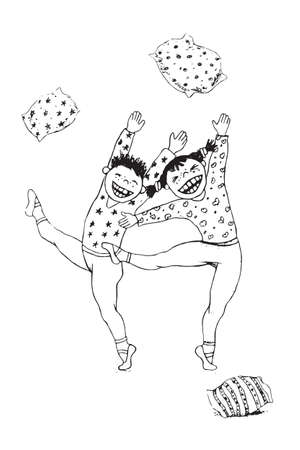 Pajama party invitation Cheerful children in pajamas throw pillows. Vector black outline on a white background. For invitation, coloring book pagesのイラスト素材