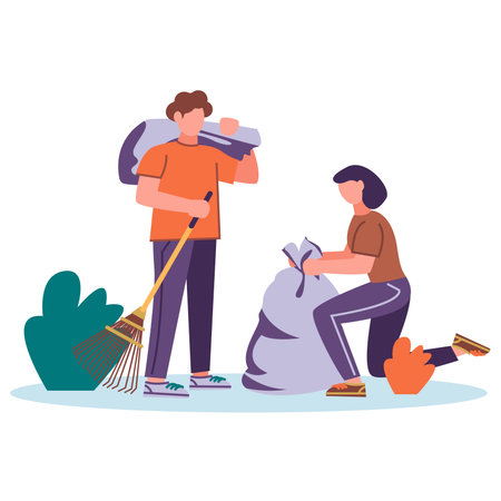 Volunteers sort and clean up the garbage.のイラスト素材