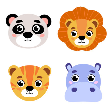 Set of cute animal heads. Cartoon zoo.のイラスト素材