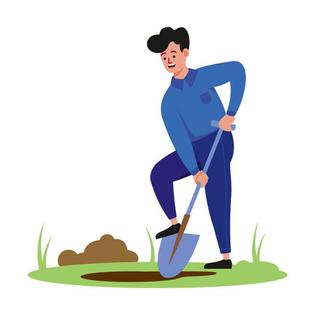 Man farmer with shovel digging hole vector illustration. Planting, gardening concept. Rustic guy and...