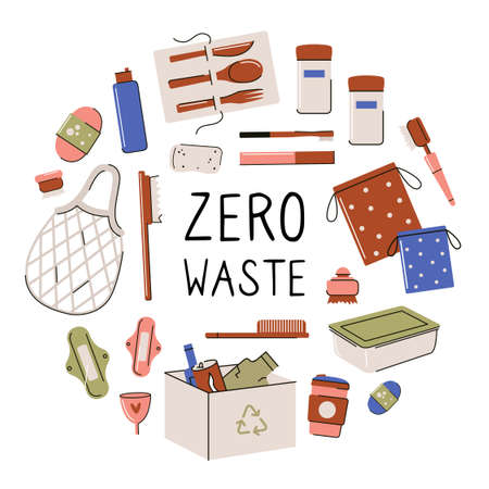 Zero Waste logo design template set. No Plastic and Go Green concept in circle form. Vector eco lifestyle sign and symbol collection. Color line icon illustration of Refuse Reduce Reuse Recycle Rotのイラスト素材