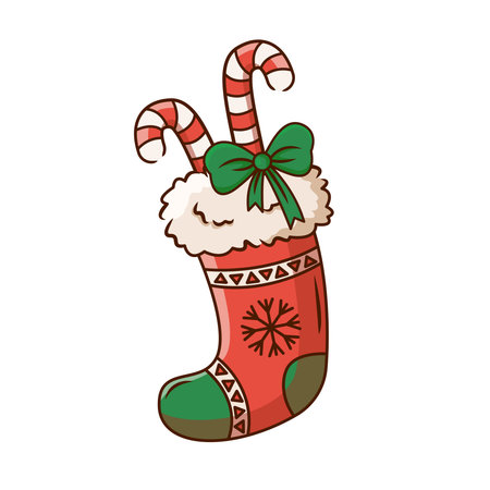 Christmas colorful sock with lollipops and a bow. vector illustration.のイラスト素材