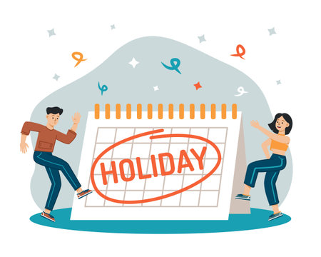 Illustration for vacation concept. Rest days are highlighted on the calendar, and people are happy and dancing. Vector flat illustration - Royalty Free Image