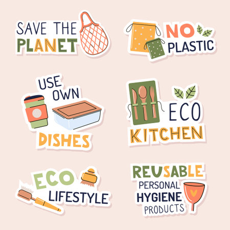 A set of vector stickers on the theme of ecology and zero waste. Phrases about eco-use and a clean planet. Flat style illustrationsのイラスト素材