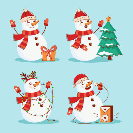 Vector illustration of a set of Christmas snowmen in a hat and scarf. The concept of New Year and Christmasのイラスト素材