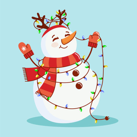Vector illustration of a snowman with deer horns entangled in a garland. The concept of New Year and Christmasのイラスト素材