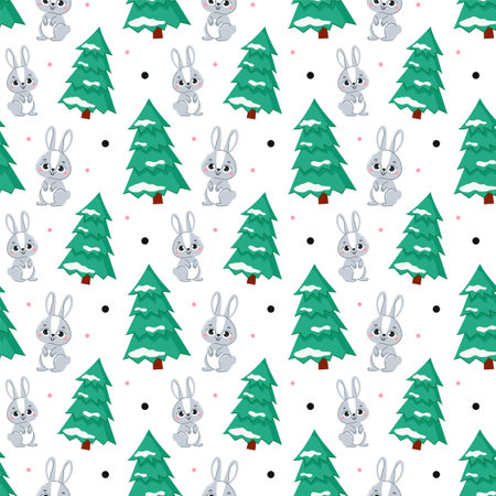 Christmas bunny seamless pattern. Christmas tree and rabbit. Vector Illustration for backgrounds, covers and packaging. Image can be used for greeting cards and textile. Isolated on white background.のイラスト素材