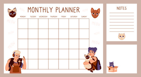 My week is a weekly planner with cats and their owners. Paper for notes with cats. Cute cats in cartoon style. Schedule design template. Vector illustration.のイラスト素材