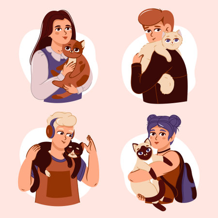 People and their cats isolated on a white background. A set of portraits of charming pet owners and cute pets. Vector illustration in a flat styleのイラスト素材