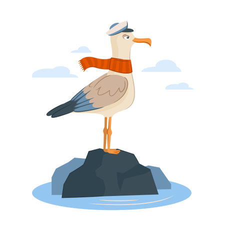 The sailor is a seagull. A cute funny sea or ocean bird in captains clothes stands on a rock and looks into the distance. Vector cartoon illustrationのイラスト素材