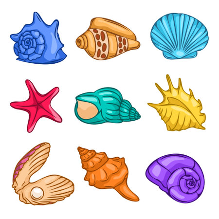 A set of tropical shells, vector illustration. Summer concept with seashells and starfish on a white background. Starfish, aquatic nature.のイラスト素材