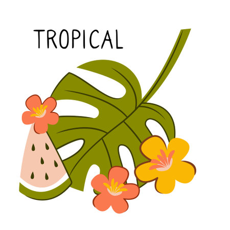 A composition with tropical, exotic leaves and hibiscus flowers, isolated elements. vector illustrationのイラスト素材