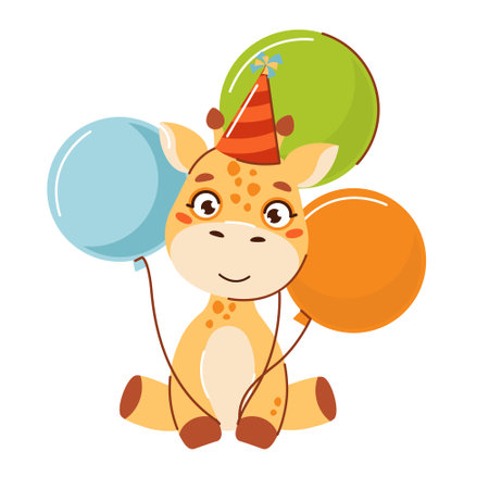 Vector children's animal character on a white background. Cute giraffe celebrating birthday. A collection for a children's birthday. Illustration for a greeting card to a childのイラスト素材