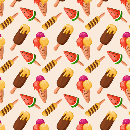 Seamless summer pattern with berry ice cream. Bright seamless background for textiles and design. Vector illustrationのイラスト素材