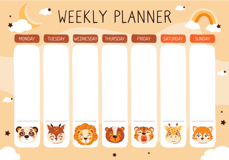 Weekly planning template for children and adults. Cute animal glider for boys and girls. vector illustration.のイラスト素材