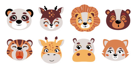 A beautiful set of vector collection of cute animal heads in a children's style. vector illustrationのイラスト素材